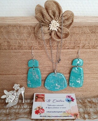 🤩 Parure B.O/Collier en argile Polymère turquoise et feuilles d'argent. Création artisanale. Modèle unique.