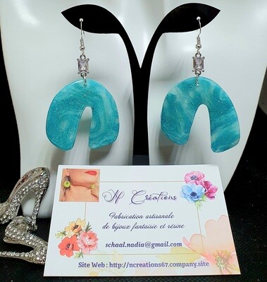 💎 Très jolies B.O petits ponts en argile Polymère turquoise marbrée et poudre d'argent 💎 Création artisanale. Modèle unique.
