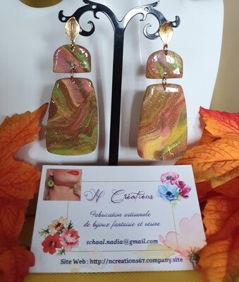 🍁🍂 Très belles B.O rectangulaires en argile Polymère marbrées aux couleurs d'Automne et poudre d'or 🍂🍁 Création artisanale. Modèle unique.