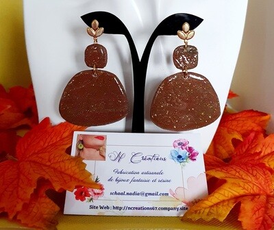 🍁🍂 Élégantes B.O en argile Polymère chocolat et poudre d'or 🍂🍁 Création artisanale. Modèle unique.
