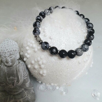 🙏 Très beau bracelet extensible, mixte. Taille L 19,5cm. Perles en véritable Obsidienne Flocon de neige. Équilibre/Pureté/Centrage. Création artisanale. Modèle unique.
