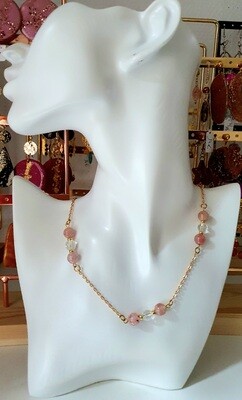 💖 Très joli collier en véritable Quartz fraise et Cristal de Roche. Création artisanale. Modèle unique. 💖