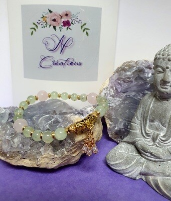 🙏 APAISEMENT/PROTECTION/ CONFIANCE EN SOI 🙏 Bracelet extensible T.standard 18cm. Perles en véritable Prehnite et Quartz rose. Fait main.